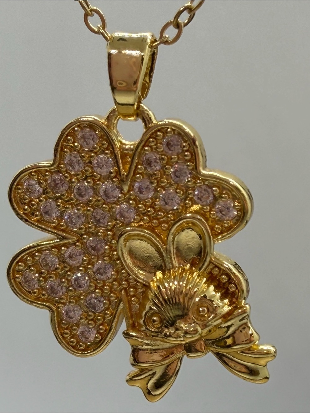 Gold-Tone Bunny & Clover Pendant Necklace with Clear Stones